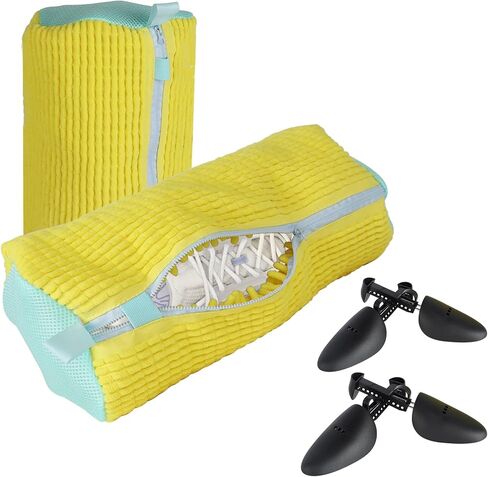 Shoe Washing Machine Bag,Laundry Shoe Bag for Washing and Dehydration,with 2 Pairs Adjustable Shoe Trees,Shoe Cleaning Bag for Most Types and Sizes（2PCS） (Yellow) in Saudi Arabia