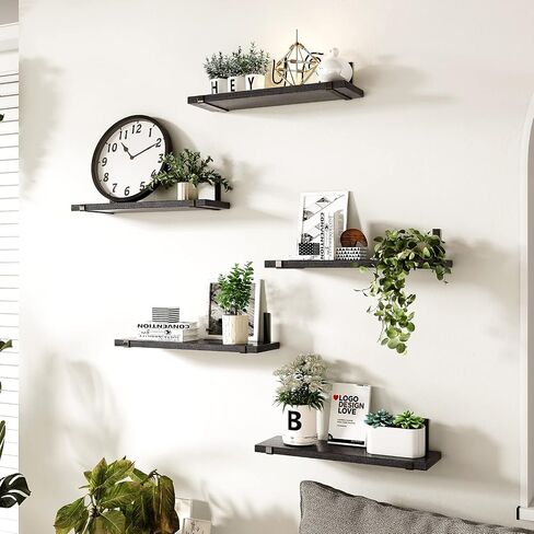 Fixwal Floating Shelves Set of 5, Width 4.7 Inches Black Wall Shelves, Rustic Wood Wall Storage Shelves for Bedroom, Living Room, Kitchen, Bathroom, Home Decor, Laundry Room, Office and Plants (Black) in Saudi Arabia