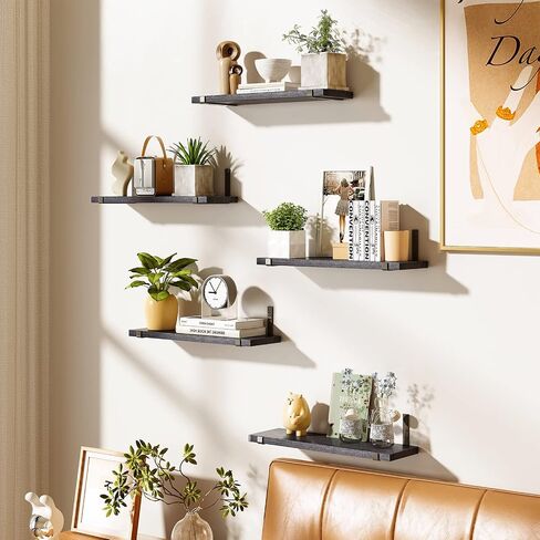 Fixwal Floating Shelves Set of 5, Width 4.7 Inches Black Wall Shelves, Rustic Wood Wall Storage Shelves for Bedroom, Living Room, Kitchen, Bathroom, Home Decor, Laundry Room, Office and Plants (Black) in Saudi Arabia