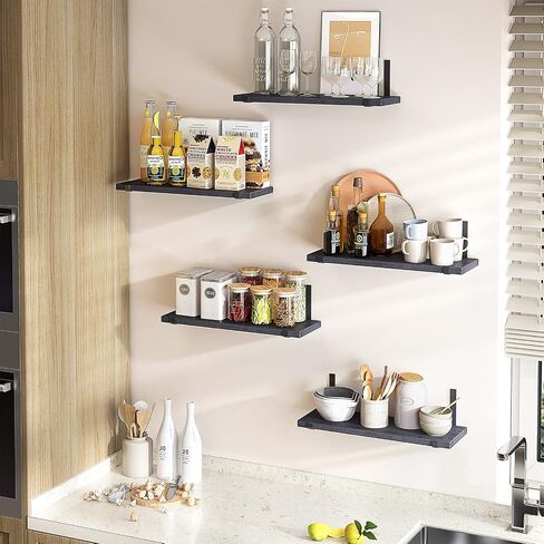 Fixwal Floating Shelves Set of 5, Width 4.7 Inches Black Wall Shelves, Rustic Wood Wall Storage Shelves for Bedroom, Living Room, Kitchen, Bathroom, Home Decor, Laundry Room, Office and Plants (Black) in Saudi Arabia