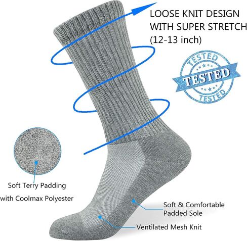 Well Knitting Loose Men's Diabetic Crew Socks,Non-Binding Top,Seamless Toe,Semi Cushion,Breathable Soft Coolmax Socks 4 Pairs in Saudi Arabia