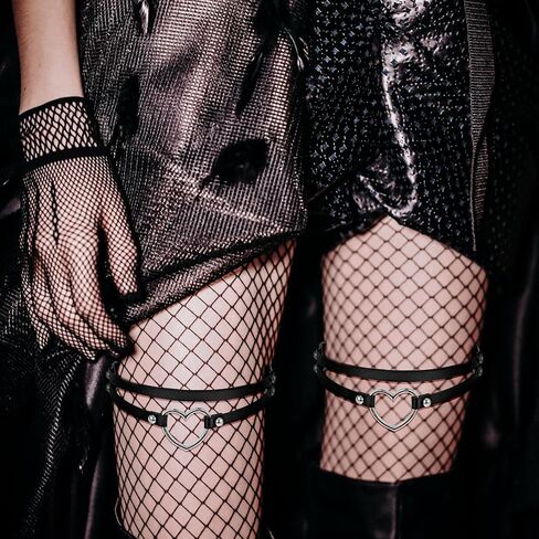 Leather Thigh Garter Belt, 2Pcs Adjustable Elastic Garter Belt for Women, Punk 2 Rows Heart O Ring Leg Garter Gothic Garter for Women in Saudi Arabia