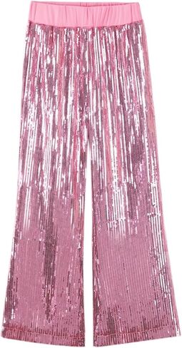 WELAKEN Girls Sequin Flare Pants Sparkle Elastic Waist Dance Pants with Pockets in Saudi Arabia