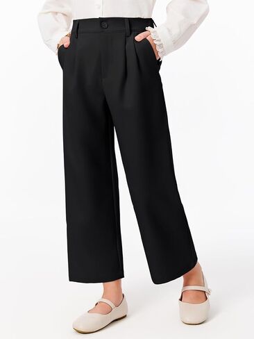 Haloumoning Girls Uniform Pants Kids High Waisted Wide Leg Dress Pants Casual Trousers with Pockets 5-14 Years in Kuwait