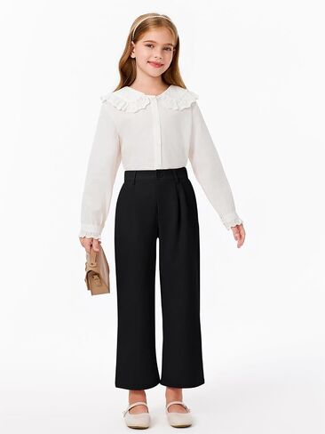 Haloumoning Girls Uniform Pants Kids High Waisted Wide Leg Dress Pants Casual Trousers with Pockets 5-14 Years in Kuwait