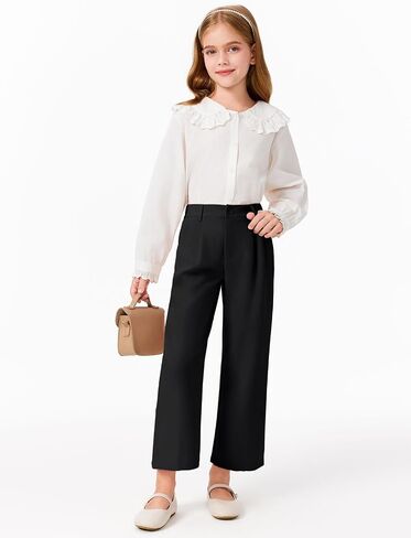 Haloumoning Girls Uniform Pants Kids High Waisted Wide Leg Dress Pants Casual Trousers with Pockets 5-14 Years in Kuwait
