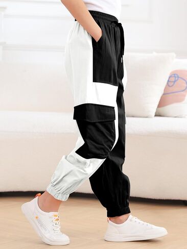 Girls Cargo Pants Elastic Waist Casual Jogger Pants for Girls Streetwear Loose Parachute with Pockets 7-14Years in Saudi Arabia