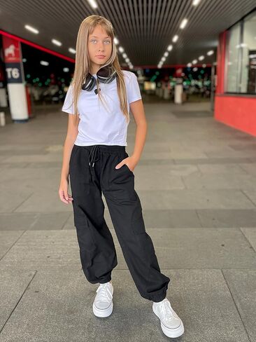 Girls Cargo Pants Elastic Waist Casual Jogger Pants for Girls Streetwear Loose Parachute with Pockets 7-14Years in Saudi Arabia