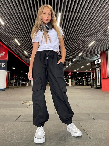 Girls Cargo Pants Elastic Waist Casual Jogger Pants for Girls Streetwear Loose Parachute with Pockets 7-14Years in Saudi Arabia