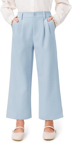 Haloumoning Girls Uniform Pants Kids High Waisted Wide Leg Dress Pants Casual Trousers with Pockets 5-14 Years in Kuwait