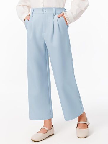 Haloumoning Girls Uniform Pants Kids High Waisted Wide Leg Dress Pants Casual Trousers with Pockets 5-14 Years in Kuwait