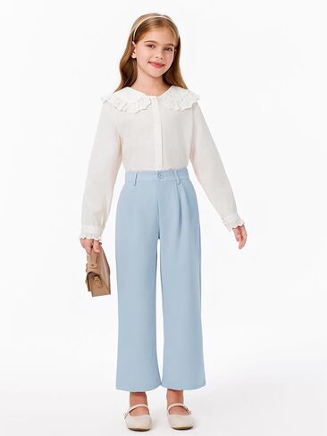 Haloumoning Girls Uniform Pants Kids High Waisted Wide Leg Dress Pants Casual Trousers with Pockets 5-14 Years in Kuwait