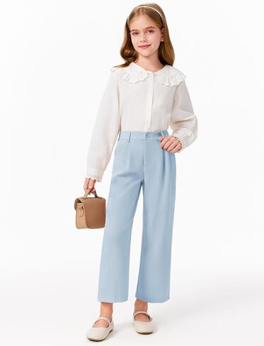 Haloumoning Girls Uniform Pants Kids High Waisted Wide Leg Dress Pants Casual Trousers with Pockets 5-14 Years in Kuwait