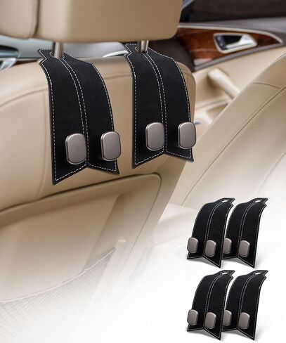 Purse Hook for Car, Car Hooks for Headrest Car Seat Hooks Purse Hanger for Car 100% Metal & Premium Leather 2025 Latest Car Organization Accessories for Bags, Purses, Phones etc (Black 4Pcs) in Saudi Arabia