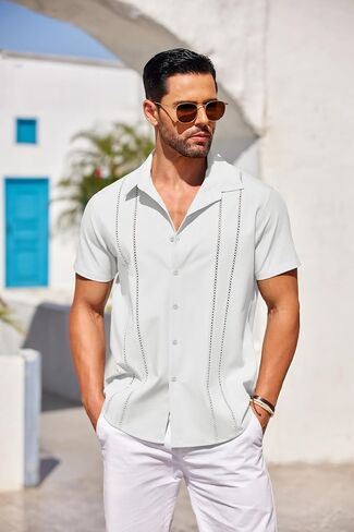 COOFANDY Men's Cuban Guayabera Shirt Short Sleeve Button Down Shirts Casual Summer Beach Linen Shirts in Saudi Arabia