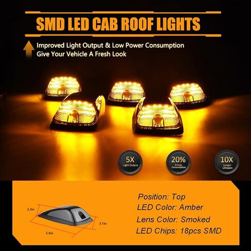 مصابيح LED لسقف الكابينة، مصابيح تشغيل علوية للتخليص 1988-2002 Chevy/GMC C/K 1500 2500 3500 5500 شاحنات بيك اب، عدسات مدخنة مصابيح علامة LED للكابينة، 5 قطع in Saudi Arabia