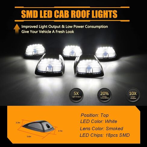 مصابيح LED لسقف الكابينة، مصابيح تشغيل علوية للتخليص 1988-2002 Chevy/GMC C/K 1500 2500 3500 5500 شاحنات بيك اب، عدسات مدخنة مصابيح علامة LED للكابينة، 5 قطع in Saudi Arabia