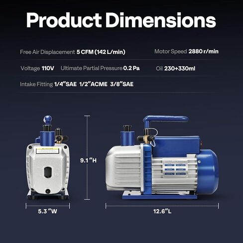 VIVOHOME 1/2 HP 5 CFM 110V Dual Stage HVAC Vacuum Pump, Sparkless Motor for R32 R1234yf R134a R22 R410a Systems, Auto AC Vacuum Pump for Air Conditioner Servicing Resin Degassing with 2 Oil Bottles in Kuwait