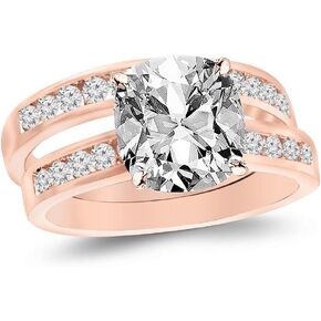 14K White Gold 1.75 Carat LAB GROWN DIAMOND Classic Channel Set Wedding Set Bridal Band & Cushion Cut Diamond Engagement Ring (D-E Color VS1-VS2 Clarity 1 Ct Center)