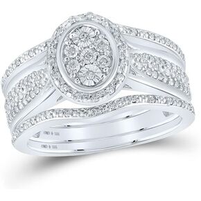 Solid 925 Sterling Silver Real Natural Diamond Oval Bridal Matching Engagement Ring Wedding Band Set 1/3 Carat (.36 Cttw)