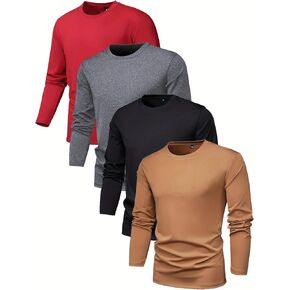 4-Pack, Men's Casual Sports Long-Sleeve T-Shirts, Crew Neck, Solid Colors