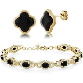 Gem Stone King 18K Yellow Gold Plated Silver Oval Black Onyx Tennis Bracelet and Flower Shape Clover Designs Black Onyx Stud Earrings Set | Gemstone Birthstone | Jewelry Set for Women