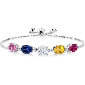 Gem Stone King 925 Sterling Silver Customized and Personalized 8X6MM Oval Gemstone Birthstone 5-Stone Tennis Bracelet For Women (6.70 Cttw, Fully Adjustable Up to 9 Inch)