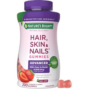 Nature's Bounty Optimal Solutions Advanced Hair, Skin and Nails Pectin Gummies, 2X Biotin Per Serving, Made with Fruit Pectin, No Stick Gummy, Vegetarian Formula, Non-GMO, Strawberry Flavor, 200 ct