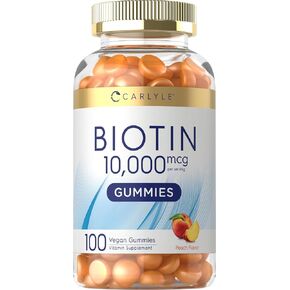 Carlyle Biotin 10000mcg Gummies | 100 Count | Peach Flavor Supplement | Vegan, Non-GMO, Gluten Free