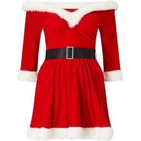 Womens Mrs.Claus Santa Costume Velvet Hoodie Christmas Dress Sexy Role-Playing Cosplay Suit Bodycon Party Mini Dress