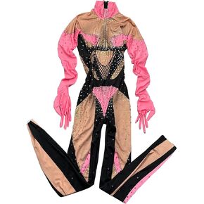 Tyian Rhinestones Outfit Printed Sexy Jumpsuit Gloves Birthday Nightclub Prom Bar Stage Costume Show Pole Dance Leotard