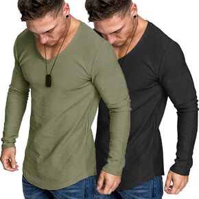 COOFANDY Men 2 Pack Muscle V Neck T Shirt Gym Athletic Fit Long Sleeves Tee Top