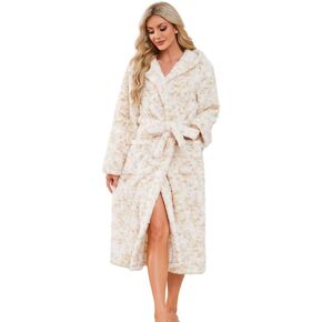 LYCY Women Hooded Fleece Robe, Soft Warm Plush Bathrobe for Women Fluffy Spa Long Robe