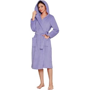 LYCY Womens Hooded Plush Long Robe, Soft Warm Bathrobe for Women Mid-Length Fluffy Spa Robe in Kuwait