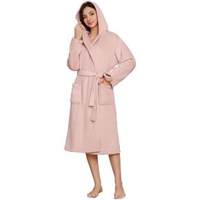 LYCY Womens Hooded Plush Long Robe, Soft Warm Bathrobe for Women Mid-Length Fluffy Spa Robe