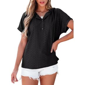 Dokotoo Sweatshirts for Women Spring Summer Hollow Out Hoodies Drawstring Button V Neck Short Sleeve Pullover Sweatshirt