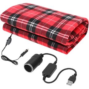 Tuanse Car Electric Blanket 12v 58 x 43 Inch Heated Car Blanket with Temperature Controller, USB Adapter, Car Outlet Adapter for Car, Cold Weather Tailgating and Emergency Kit (Black Red Plaid)
