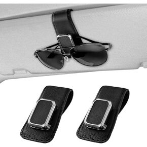 Sunglasses Holder for Car, One-Handed-Operation Leather Sunglasses Clip for Car Sun Visor, 2Pack Durable Eyeglasses Holder and Ticket Card Clip, Auto Interior Car Visor Accessories (Black)