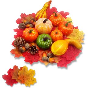 Pumpkin Decor, 50pcs Artificial Mixed Pumpkin Decorations Kit Includes 8*Pumpkins, 30* Maple Leaves, 10* Acorns, 2* Pinecones for Halloween Thanksgiving Fall Wedding Tables Centerpieces Home Decor