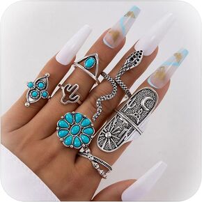 Harry and Henry Turquoise Ring Set Western Jewelry for Women Vintage Western Rings Set Boho Rings Knuckle Stackable Rings Trendy Stuff Turquoise Jewelry for Women