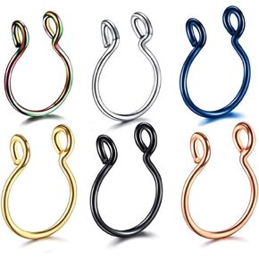6 Pcs 20G Fake Nose Septum Rings Stainless Steel Non Piercing Fake Nose Hoops Fake Septum Piercing Jewelry Clip On Fake Nose Rings for Women Men
