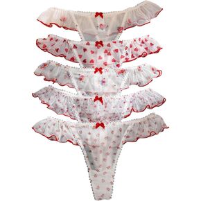 MakeMeChic Women's 5 Pack G-String Mesh Floral Print Underwear Bow Front Lettuce Trim Breathable Panties Thongs
