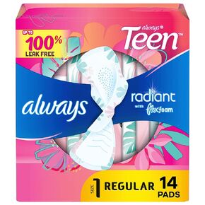 Always Radiant Teen Feminine Pads with FlexFoam, Size 1, Regular, with Wings, Unscented, 28 CT