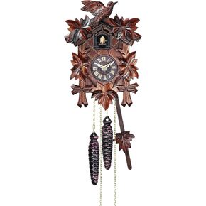 Engstler Quartz Cuckoo Clock 5-Leaves, with Singing Bird,Night Mode and Swinging Pendulum, Quartz Cuckoo Clock for Wall, Walnut