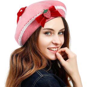 Strawberry Hat Women Berets Strawberry Bow Woolen Beret Hat Bowknot Beret with Pearls French Style Strawberry Berets for Christmas Women Girls