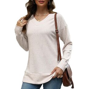 Women's Fall Sweater Top Oversized Fashion Bat Sleeve Soft Striped V Neck Long Sleeve Pullover Sweater