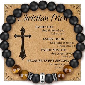 Men Bracelet Set Tigers Eye Bracelet 8mm Black adjustable Beaded Summer Cuff Charm Bracelets for son Husband Elegant Cross Bracelet (Christian Men)