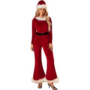 Women's Christmas Jumpsuit Santa Claus Costume Long Sleeve Flared Jumpsuit and Hat Set Cosplay Party Outfits