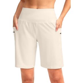 G Gradual Women's High Waisted 9" Bermuda Shorts with Zipper Pockets Athletic Workout Long Shorts for Women Knee Length