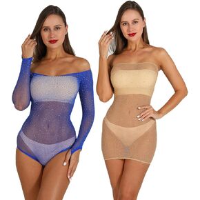 قطعتان من بدلة نسائية مثيرة من شبكة صيد السمك فستان شبكي ماسي بشريط لامع وقميص نوم قابل للتمدد للنساء in Kuwait